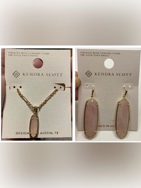 KENDRA SCOTT SET Genuine Rose Quartz Earrings & Pendant Necklace Classic NEW NWT